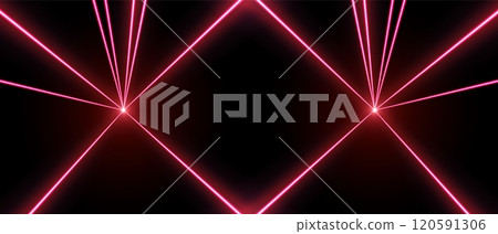 Laser rays or beams, glowing neon lines, bright futuristic background. 120591306