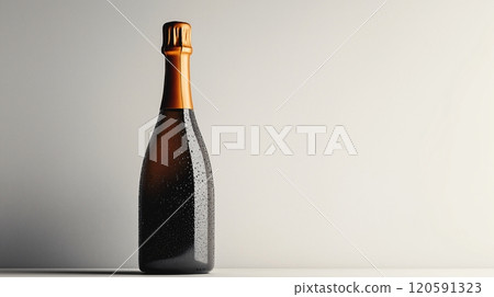 A chilled champagne bottle with condensation on a neutral background in a festive setting 120591323