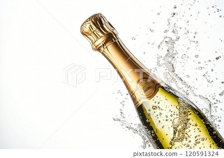 Champagne bottle pops as cork bounces and bubbles splash during celebration event 120591324