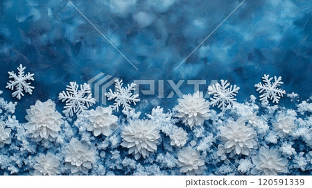 Beautiful winter background featuring frozen snowflakes with blue tones and floral elements Beautiful winter background featuring frozen snowflakes with blue tones and floral elements 120591339