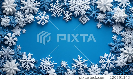 Winter wonderland with blue background and scattered frozen snowflakes for creative use 120591343