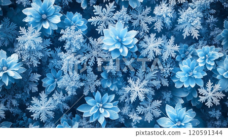 Beautiful winter background with snowflakes and frozen flowers creating a serene atmosphere 120591344