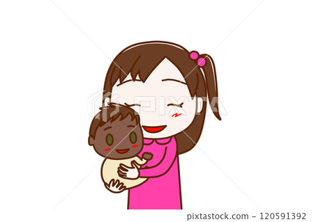 <上半身/正面> 一個快樂的女孩，懷裡抱著一個微笑而快樂的非洲嬰兒 120591392