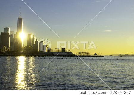 the skyscrapers of Manhattan, NYC, NY, USA, beautiful dramatic cityscape 120591867