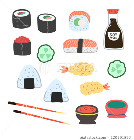 Asian food, sushi, onigiri, tempura and sauces. Hand-drawn colorful vector illustration. 120591893