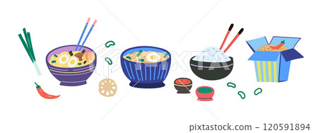 Asian food, traditional Japanese and Chinese meals. Noodles, ramen, rise and sauces. Hand-drawn vector illustration. Asian food, traditional Japanese and Chinese meals. Noodles, ramen, rise and sauces. Hand-drawn vector illustration. 120591894