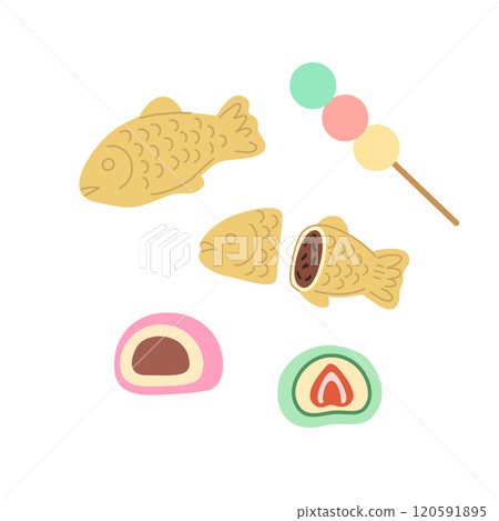 Traditional japanese desserts, dango, taiyaki, and mochi. Vector illustration isolated on white background. 120591895