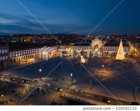 Lisbon City on Christmas Holiday at Night. Commerce Plaza and Christmas Tree. Portugal. Aerial View Lisbon City on Christmas Holiday at Night. Commerce Plaza and Christmas Tree. Portugal. Aerial View 120592110