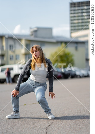 Young dancer performs in urban space during sunny day 120592636