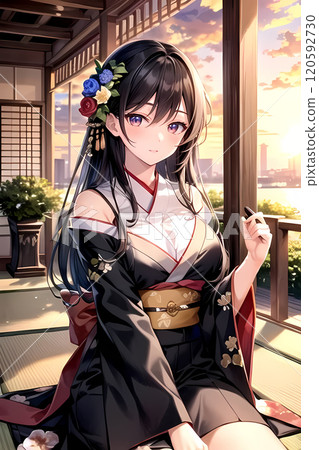 A cute girl in a kimono in the temple grounds A cute girl in a kimono in the temple grounds 120592730