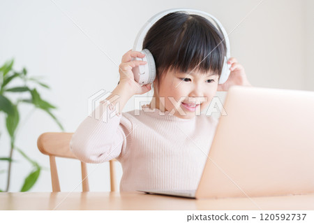 A child taking an online lesson on a computer A child taking an online lesson on a computer 120592737
