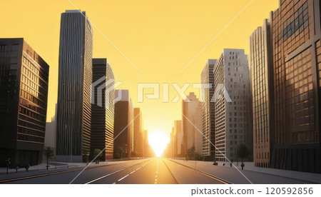 AI image: A road amongst urban buildings bathed in the sunset 120592856