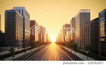 AI image: A road amongst urban buildings bathed in the sunset 120592857