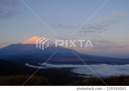從精進湖全景平台看到黎明時分的雲海和山中湖 從精進湖全景平台看到黎明時分的雲海和山中湖 120593003