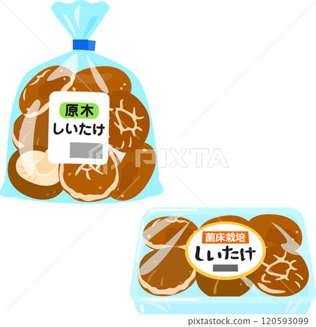 Packs of shiitake mushrooms grown on logs and on spawn beds 120593099