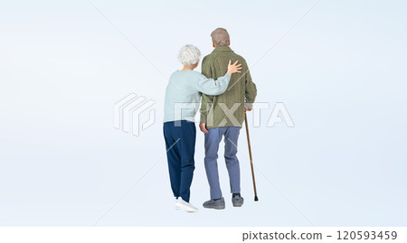 Full-body photo of a senior couple walking side by side Full-body photo of a senior couple walking side by side 120593459