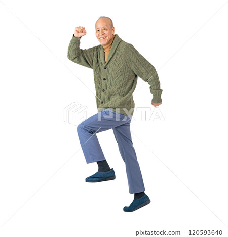 Jumping senior man - Full body photo PNG with transparent background precisely cut out by hand 120593640