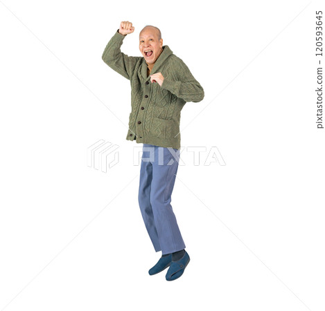 Jumping senior man - Full body photo PNG with transparent background precisely cut out by hand 120593645