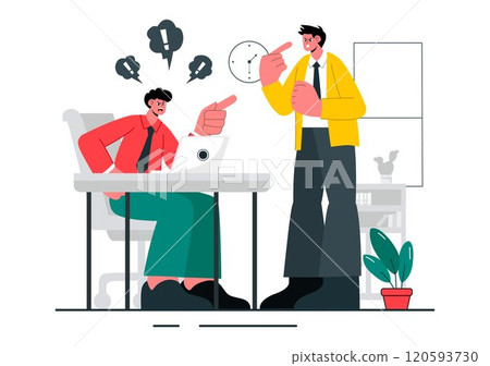 Workplace Conflict Illustration featuring Arguing Coworkers Having a Dispute in the Office While Discussing Business Issues and Teamwork Problems 120593730