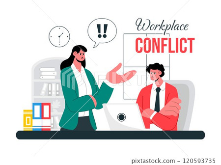 Workplace Conflict Illustration featuring Arguing Coworkers Having a Dispute in the Office While Discussing Business Issues and Teamwork Problems 120593735
