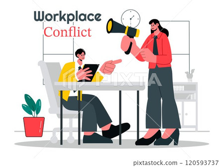 Workplace Conflict Illustration featuring Arguing Coworkers Having a Dispute in the Office While Discussing Business Issues and Teamwork Problems 120593737