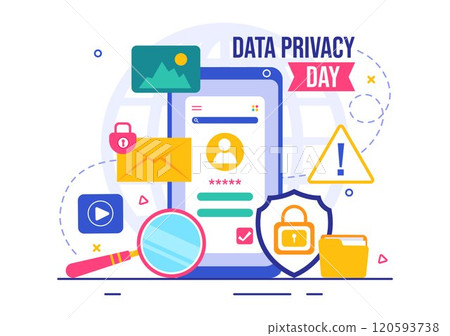 Data Privacy Day Vector Illustration featuring a Lock on a Screen, Representing Secure Information, Documents and Data Protection in a Flat Background 120593738