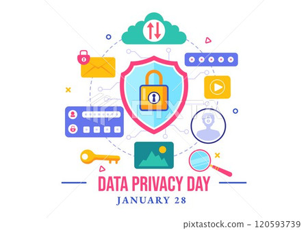 Data Privacy Day Vector Illustration featuring a Lock on a Screen, Representing Secure Information, Documents and Data Protection in a Flat Background 120593739