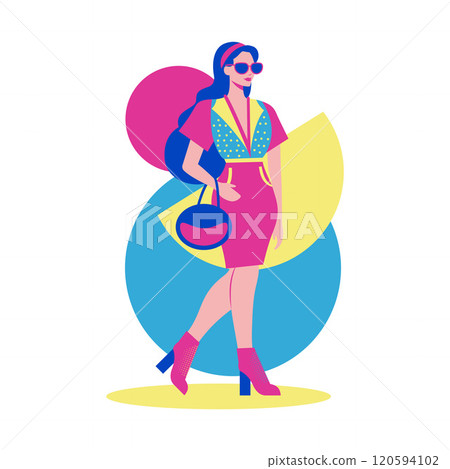 Beautiful Girl Character Wearing Sunglasses Fashion in Retro Style with Memphis Decoration Beautiful Girl Character Wearing Sunglasses Fashion in Retro Style with Memphis Decoration 120594102