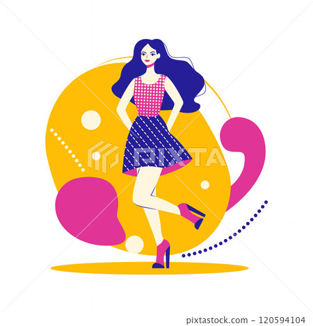 Beautiful Girl Character Wearing Fashion Outfit in Retro Style with Memphis Decoration Beautiful Girl Character Wearing Fashion Outfit in Retro Style with Memphis Decoration 120594104