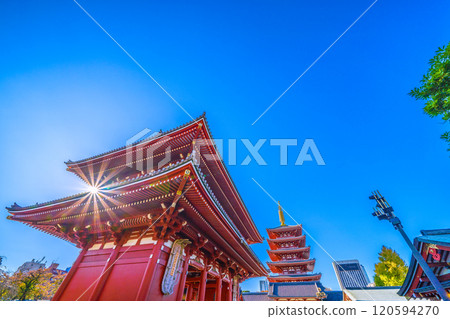 日本東京城市景觀飯店...東京的天空蔚藍。淺草寺寶藏門和五層寶塔的景色。邁向新時代=25日 120594270