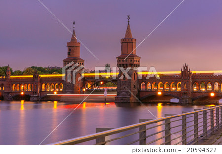 Old Berlin Oberbaum Bridge over the Spree River at sunset. 120594322