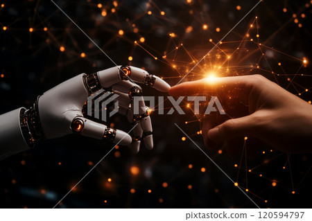 A robotic hand and a human hand reach toward each other across a digital network, symbolizing the interconnectedness of technology and humanity in the modern world.. 120594797