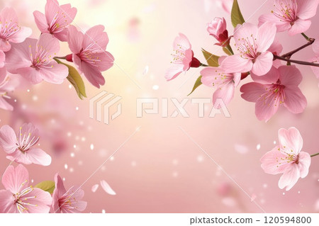 Pink cherry blossoms and petals on a soft pink background. 120594800