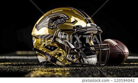 A golden American football helmet and ball on the field with a dark background 120594842