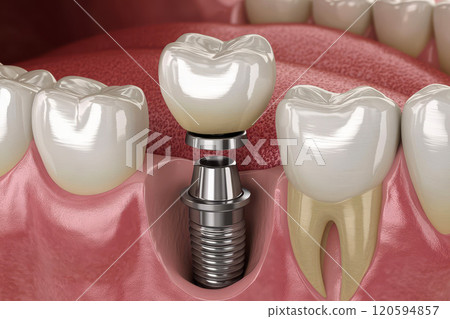 Dental implant surrounded by healthy teeth. Ideal for dental health concepts, procedures, and restorations. 120594857