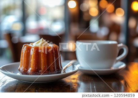French dessert canele with on a plate with cup of coffee nearby on table . Concept restaurant menu, culinary blog. 120594859