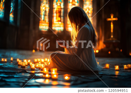 Woman Kneeling in Prayer at a Candlelit Shrine. Religion and faith concept 120594951