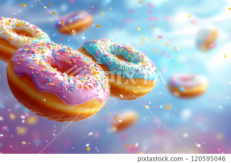 A set of multicolored frosted donuts with sprinkles, flying in the air, isolated on a colorful background. 3D rendering. 120595046