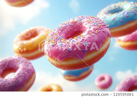 A set of multicolored frosted donuts with sprinkles, flying in the air, isolated on a colorful background. 3D rendering. 120595061