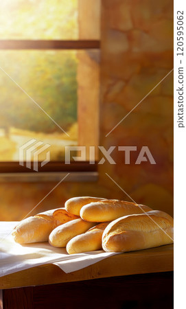 Freshly baked baguette on a rustic wooden table . 120595062