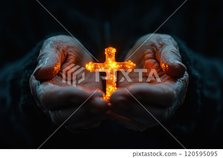 woman holding a glowing Christ cross in her cupped hands. 120595095