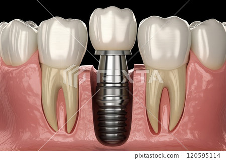 Dental implant surrounded by healthy teeth. Ideal for dental health concepts, procedures, and restorations. 120595114