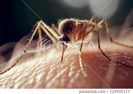 Mosquito on Human Skin . Close-Up of Insect Biting and Blood Feeding 120595115