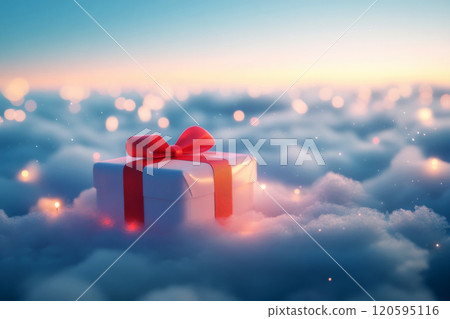 A white gift box with a red bow sits on a fluffy cloud in a sky filled with bokeh-filled scene. 120595116