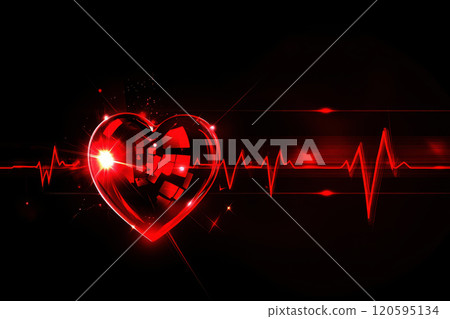A glowing heart shape with an electrocardiogram line pulsating rhythmically in a dark background representing life and vitality. 120595134