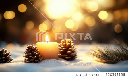 A lit scented orange candle surrounded by pine cones and fir branches creates a festive atmosphere 120595166
