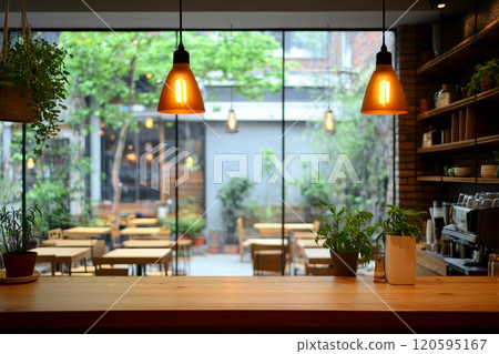 Wood table top on blurred of counter cafe shop with light bulb. ai generative 120595167