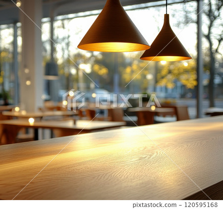 Wood table top on blurred of counter cafe shop with light bulb. ai generative 120595168