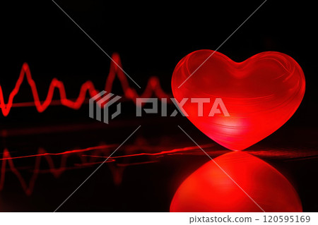 A glowing heart shape with an electrocardiogram line pulsating rhythmically in a dark background representing life and vitality. A glowing heart shape with an electrocardiogram line pulsating rhythmically in a dark background representing life and vitality. 120595169