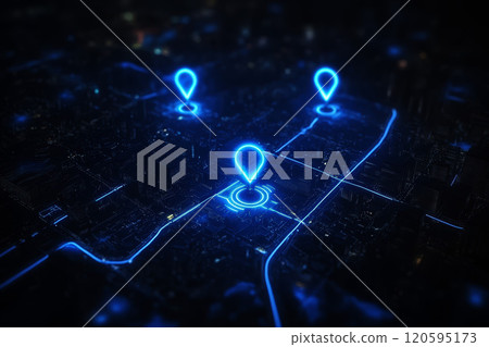 GPS. Abstract three pin icons on blue city map with white line connection. 120595173